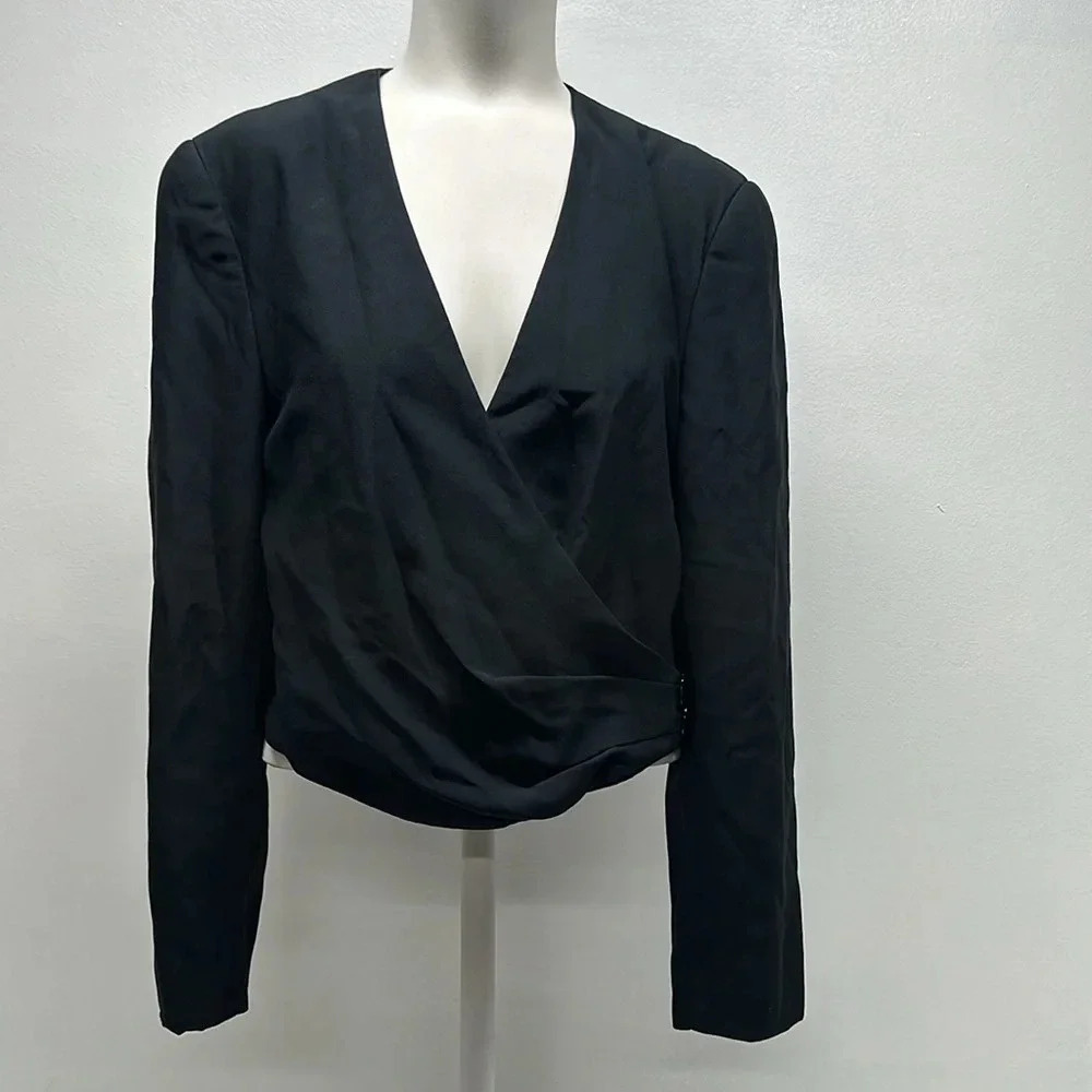 Giorgio Armani Blazer Jacket Coat Cropped Faux Wrap Buttons Black Size 44 US 10